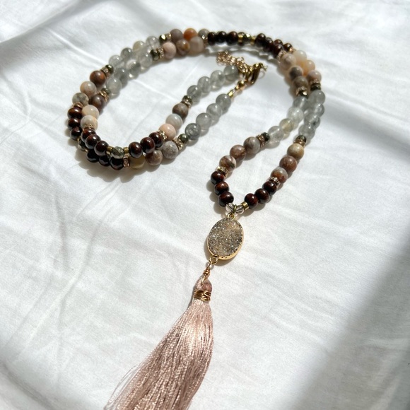 Handmade Long Mala Necklace with Natural Gemstone Beads & Tassel - Picture 5 of 7